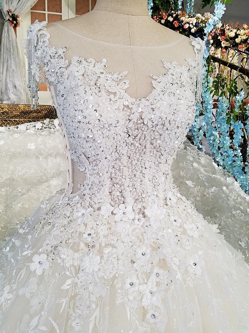 vestido de noiva see through back beading short sleeves lace ball gown cathedral train Luxury wedding dresses real photo - LiveTrendsX