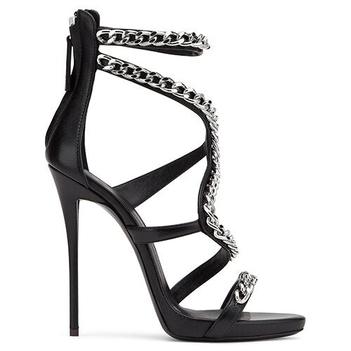 Women Sexy Red High Heel Sandals with Chain Black Strappy Extremely High Heels Ladies White Stiletto Summer Evening Dress Shoes - LiveTrendsX