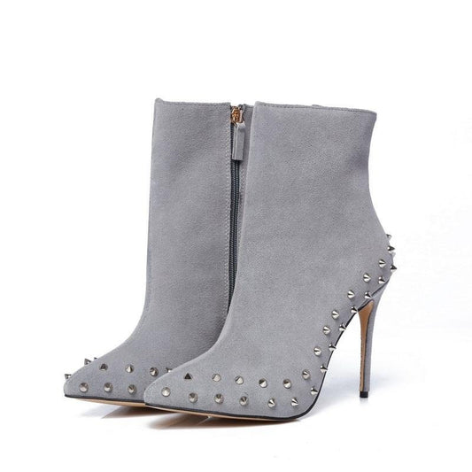 genuine leather grey suede pointed toe studded 10cm thin heels ankle boots size34-42 - LiveTrendsX