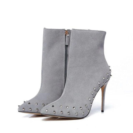 genuine leather grey suede pointed toe studded 10cm thin heels ankle boots size34-42 - LiveTrendsX