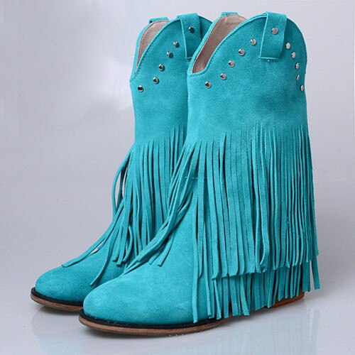 Full Fringed Women Mid-calf Boots Suede Tassels Chunky High Heel Boot Slip On Rivets Studded Rubber Riding Boots - LiveTrendsX