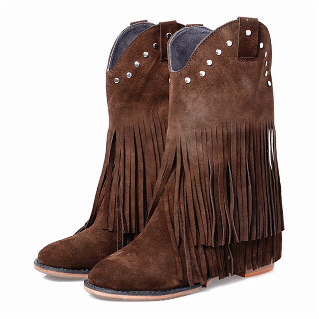 Full Fringed Women Mid-calf Boots Suede Tassels Chunky High Heel Boot Slip On Rivets Studded Rubber Riding Boots - LiveTrendsX
