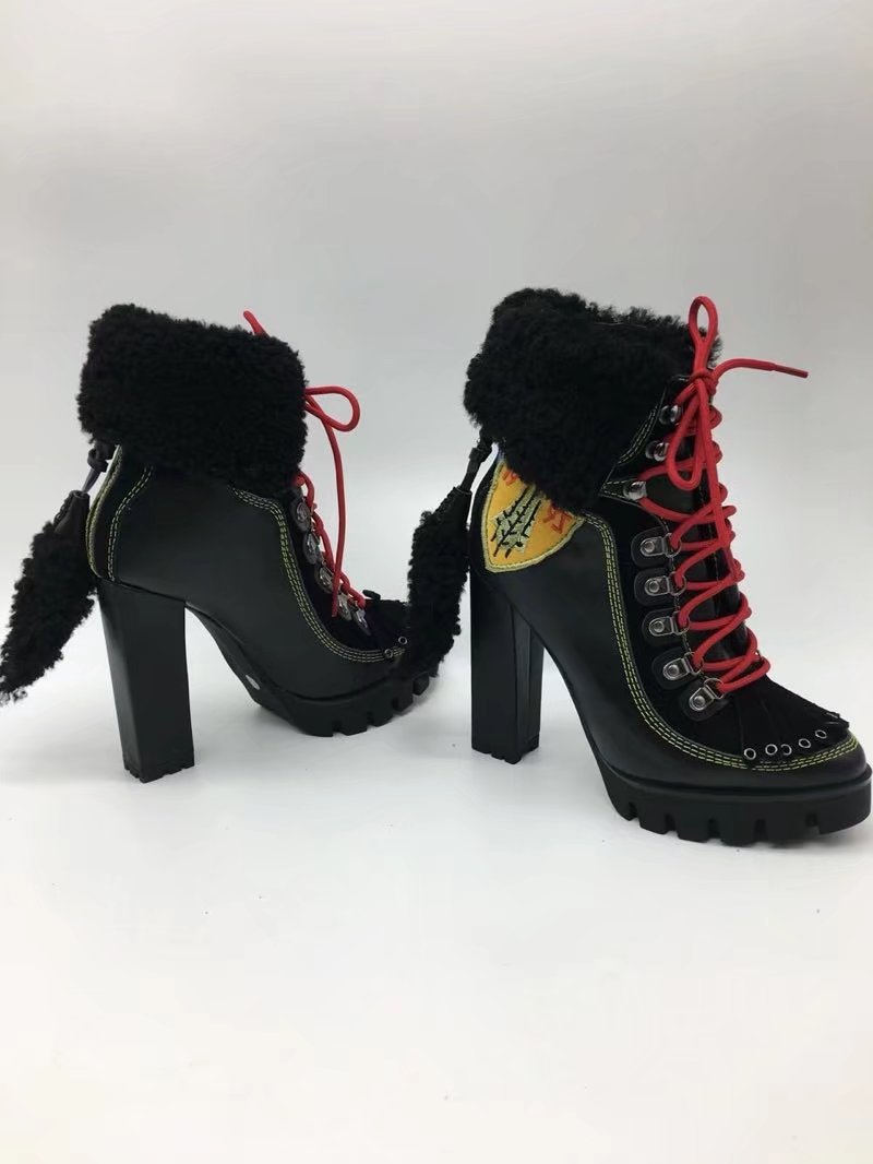 Winter New Sexy Chunky high heel Platform Ankle Boots Women Wool Fur Leather lace up Snow Boots Women Motorcycle Boots - LiveTrendsX