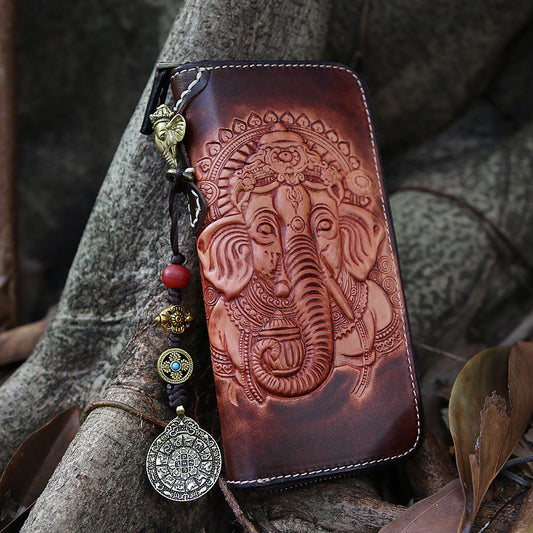 Women Genuine Leather Card Holder Wallets Elephant God Bag Purses Men Clutch Vegetable Tanned Leather Long Wallet Pendant Gift - LiveTrendsX