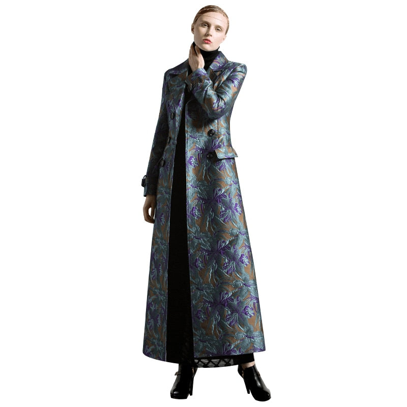 S-XXXL Autumn Winter Jacquard Long Coat Florals Plus Size Luxury Trench Women Double Breasted Muslim Style Outwear Coat - LiveTrendsX