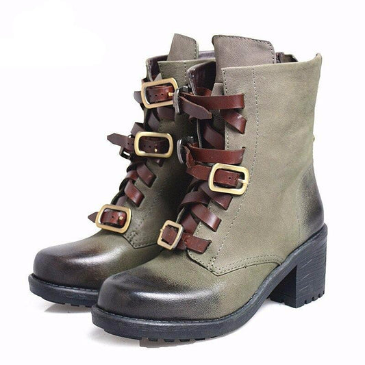 Square Toe Genuine Leather Thick Heel Buckle Strap Martin Boots - LiveTrendsX