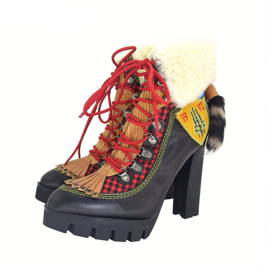 Winter New Sexy Chunky high heel Platform Ankle Boots Women Wool Fur Leather lace up Snow Boots Women Motorcycle Boots - LiveTrendsX