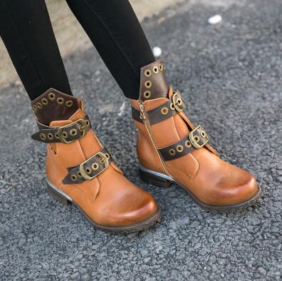 Fashion Mixed Color Women Short Boots Low Heel Hollow Shoes Metal Ring Belt Buckle Chealsea Boots Zapatos Mujer - LiveTrendsX