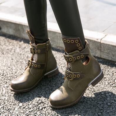 Fashion Mixed Color Women Short Boots Low Heel Hollow Shoes Metal Ring Belt Buckle Chealsea Boots Zapatos Mujer - LiveTrendsX