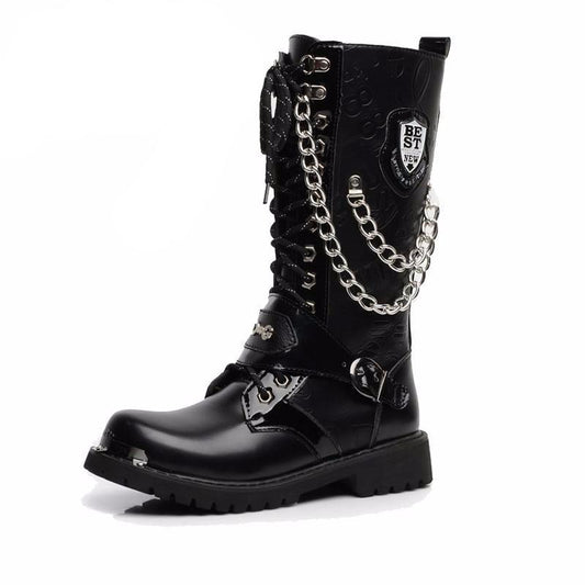 Army Boots Men High Military Combat Men Boots Mid Calf Metal Chain Male Motorcycle Punk Boots Spring Men's Shoes Rock - LiveTrendsX