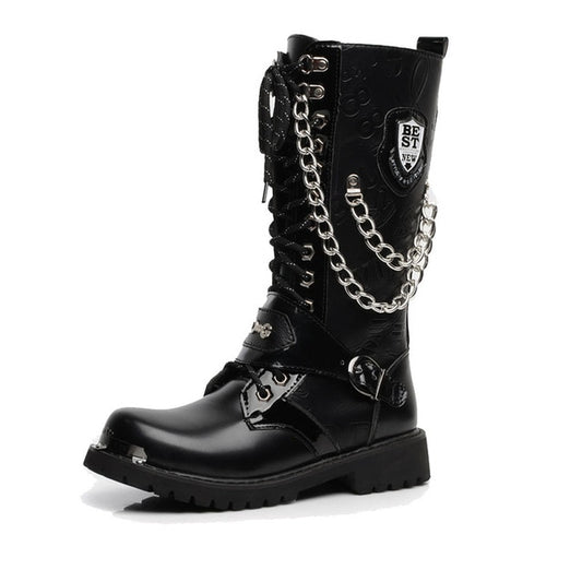 Army Boots Men High Military Combat Men Boots Mid Calf Metal Chain Male Motorcycle Punk Boots Spring Men's Shoes Rock - LiveTrendsX