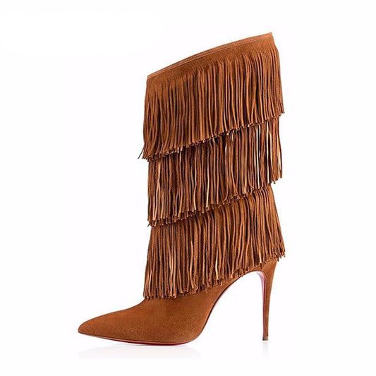 Women Tassel Boots Brown Black Pointed Toe High Heel Fringe Mid Calf Boots Stiletto Sexy Winter Shoes Large Size Street Style - LiveTrendsX
