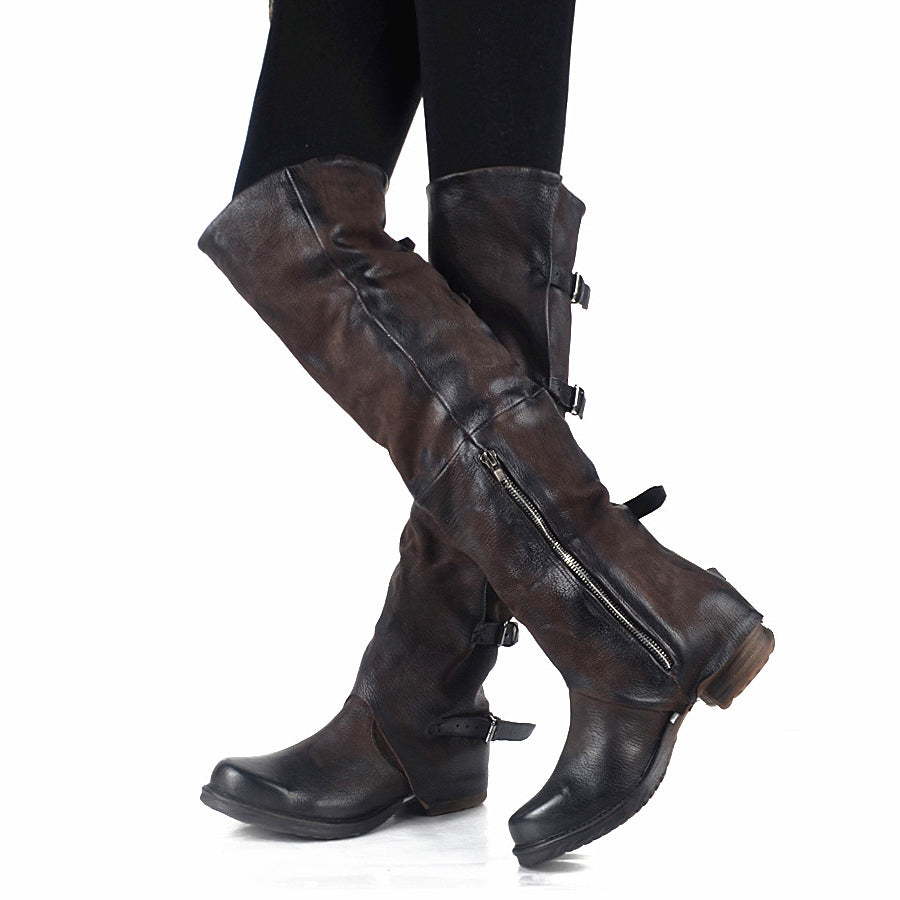 New Women Over The Knee Boots Vinatge Winter Riding Boots Flat Shoes Woman Platform Botas Zipper Buckle Boot - LiveTrendsX