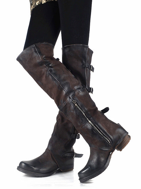 New Women Over The Knee Boots Vinatge Winter Riding Boots Flat Shoes Woman Platform Botas Zipper Buckle Boot - LiveTrendsX