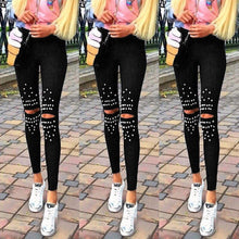 Load image into Gallery viewer, Plus Size Leggings Knee Hole Leggings New Fashion Stretch Cut Holes Beads Decoration Women Pants Skinny High Waist Leggings - LiveTrendsX

