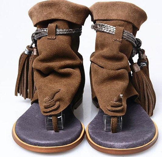 Lady Ankle Boots Sandal Shoe Thong Tassel Fringe Bohemia Summer Ethnic Vintage Style Gladiator Flat Sandal - LiveTrendsX