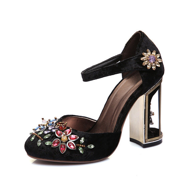 crystal flower mary janes women pumps shoes strange high heels 10cm hook & loop handmade rhinestone wedding shoes - LiveTrendsX