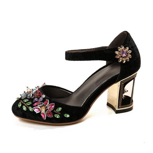 crystal flower mary janes women pumps shoes strange high heels 10cm hook & loop handmade rhinestone wedding shoes - LiveTrendsX