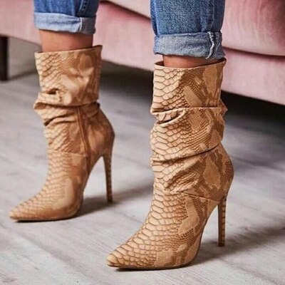 Spring New Women Sexy Python Snake Skin Pointed Toe Stiletto Heels Mid-calf Short Boots Fold Rome Style Lady Botas Party Booties - LiveTrendsX