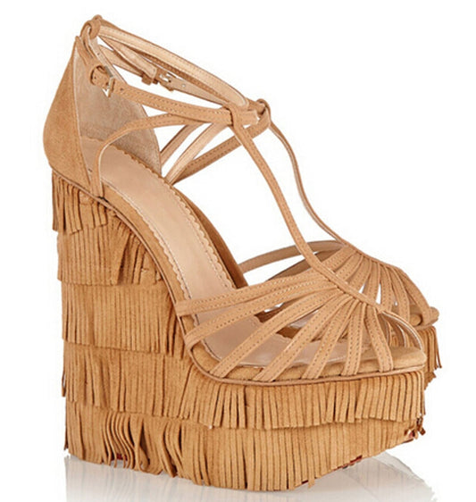 new fashion cut-outs cross strap tassels wedge sandals high platform height increasing woman sandal shoes - LiveTrendsX