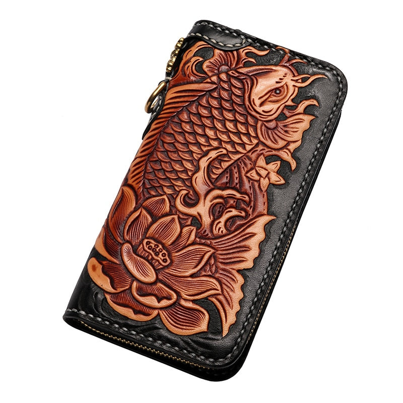 Genuine Leather Wallets Carving Carp Lotus Hand Sewing Zipper Bag Purses Women Men Long Clutch Vegetable Tanned Leather Wallet - LiveTrendsX