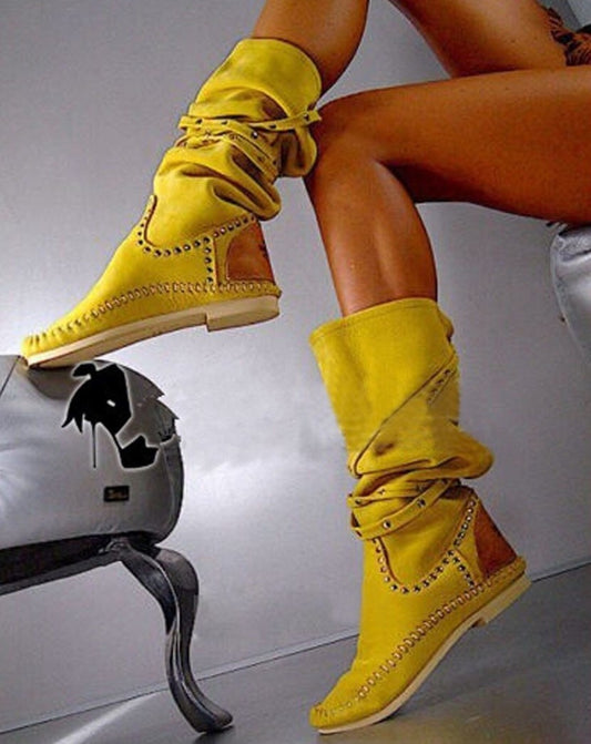 Top Fashion Rivets Studded Knee High Suede Leather Winter Boots Round Toe Flat Heel Woman Shoes High Quality Hottest Boots - LiveTrendsX