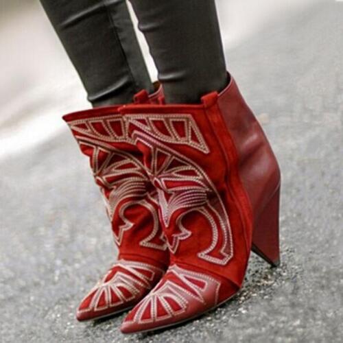 Hot Fashion Red Suede Ankle Boots Embroidered Lady Spike Heels Shoe Cowboy Short Boots Women Slip-on Pointed Toe Ankle Booties - LiveTrendsX