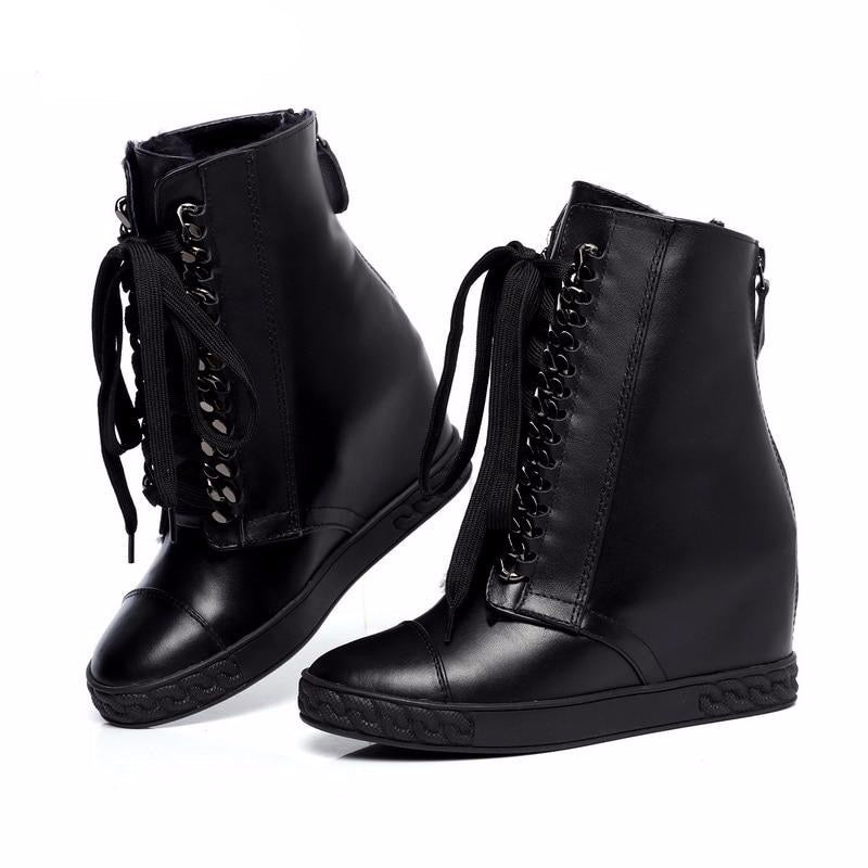 Silver chained lace up wedge ankle boots genuine leather winter boots for women - LiveTrendsX