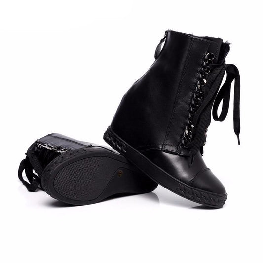 Silver chained lace up wedge ankle boots genuine leather winter boots for women - LiveTrendsX