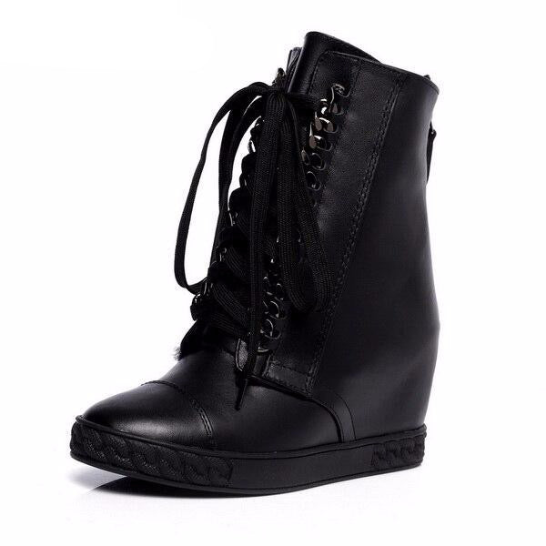 Silver chained lace up wedge ankle boots genuine leather winter boots for women - LiveTrendsX