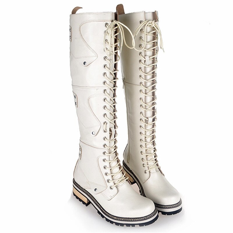 British Style White Real Leather Cross-tied Rivet Knight Boot Comfort Warm Thick Bottom High Heel Knee Boots - LiveTrendsX