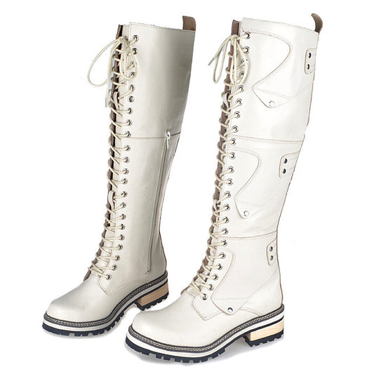 British Style White Real Leather Cross-tied Rivet Knight Boot Comfort Warm Thick Bottom High Heel Knee Boots - LiveTrendsX