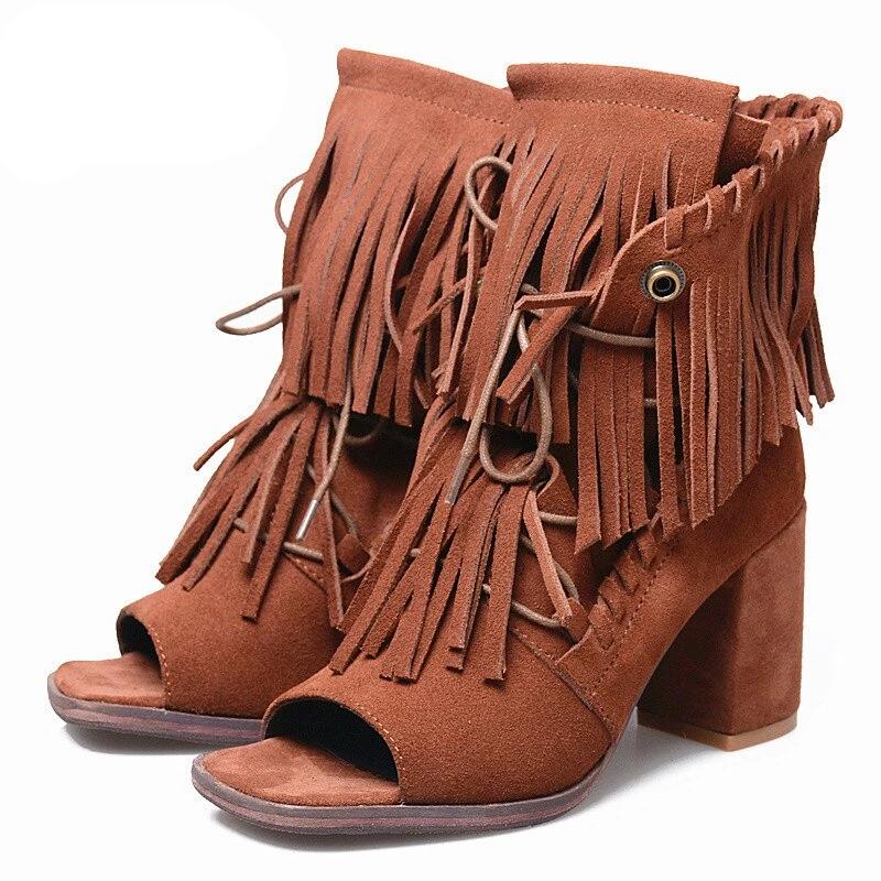 Full Fringed Women Ankle Boots Peep Toe Summer Boots Suede Chunky High Heels Tassels Lace Up Sandals Women Pumps - LiveTrendsX