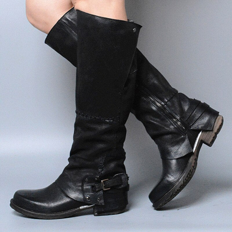 Winter Back Belt Buckle Strap Zipper Side Knee High Boots Real Leather Patchwork Square Toe Women Low Heel Boots - LiveTrendsX