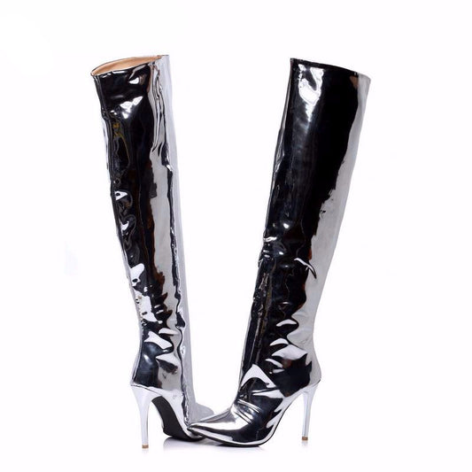 Stylish Girl silver mirror leather pointed toe high heel over the knee boots shiny sexy tall booties - LiveTrendsX