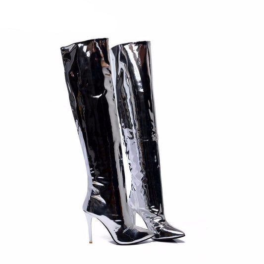 Stylish Girl silver mirror leather pointed toe high heel over the knee boots shiny sexy tall booties - LiveTrendsX