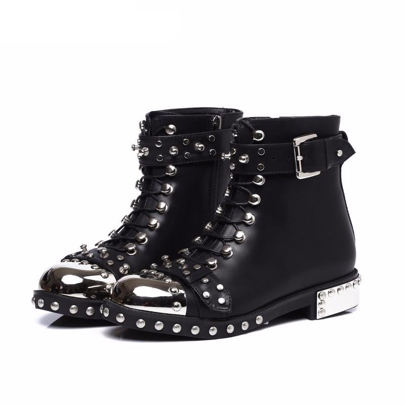 quality black flats genuine leather studded lace up ankle boots,motorcycle winter booties - LiveTrendsX