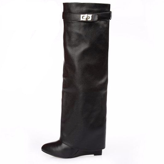 genuine leather pointed toe buckle strap lock wedge gladiator knee high tall boots size34-42 - LiveTrendsX