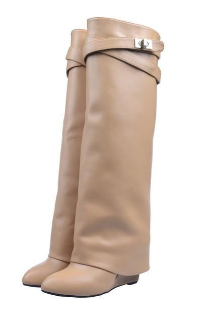 genuine leather pointed toe buckle strap lock wedge gladiator knee high tall boots size34-42 - LiveTrendsX