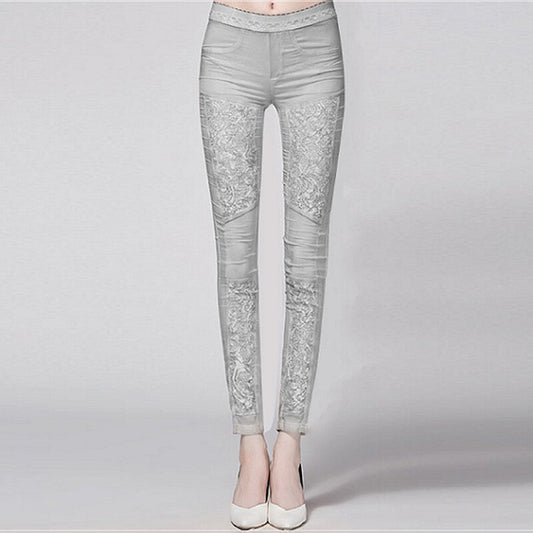 95% Silk Pencil Pants Women Elastic Waist Patchwork Lace Pockets 2 Colors Skinny Trousers Fashion Europe and America Style - LiveTrendsX