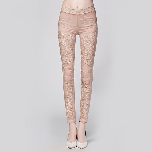 95% Silk Pencil Pants Women Elastic Waist Patchwork Lace Pockets 2 Colors Skinny Trousers Fashion Europe and America Style - LiveTrendsX