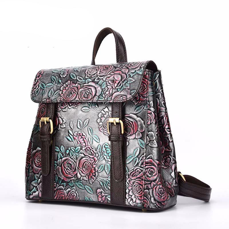 Geometrical vintage hand-rubbed backpack in-hand Embossed zipper  leather backpacks ladies double shoulder bag - LiveTrendsX