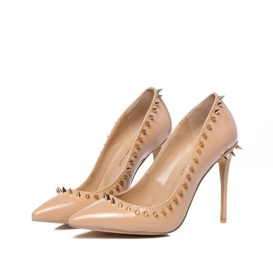 nude genuine leather pointed toe studded pumps rivets high heel dress shoe - LiveTrendsX