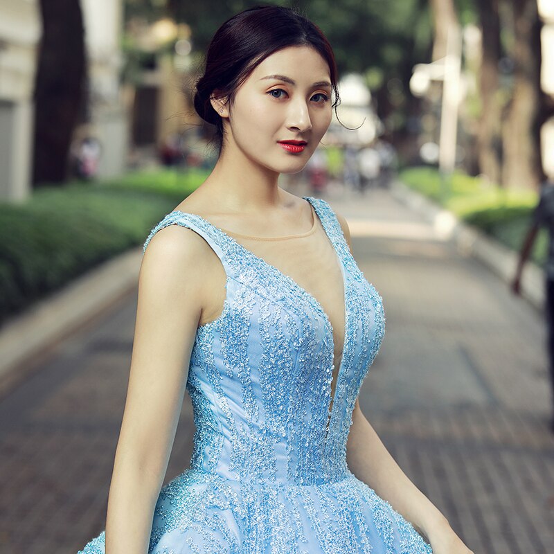 light blue sleeveless evening dress  with glitter o-neck floor length puffy pleat evening party dress - LiveTrendsX