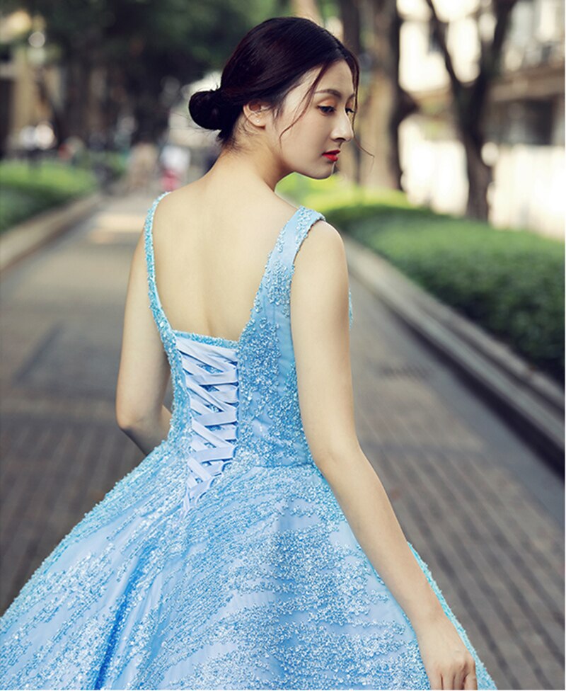 light blue sleeveless evening dress  with glitter o-neck floor length puffy pleat evening party dress - LiveTrendsX