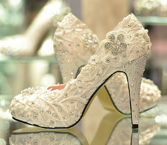 Spring Handmade Glitter Lace Rhinestone High Heels Wedding Shoes Bridal Dress Shoes Women's Pumps Size 31-42 - LiveTrendsX
