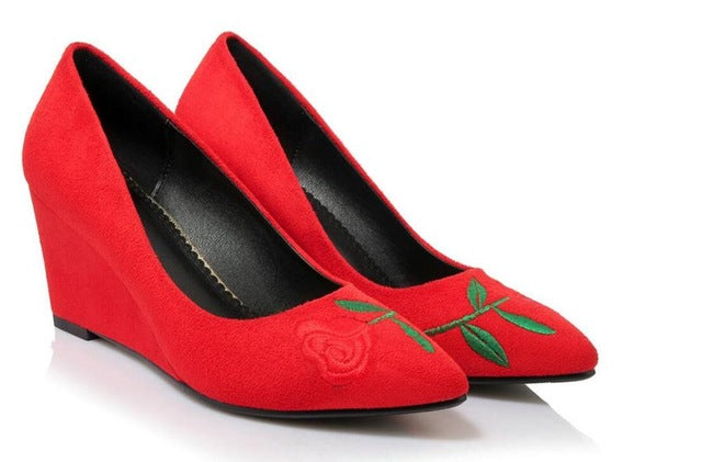 Dousin Partin Women Pumps Wedge High Heel Embroider National Style Pointed Toe Platform Summer Flock - LiveTrendsX