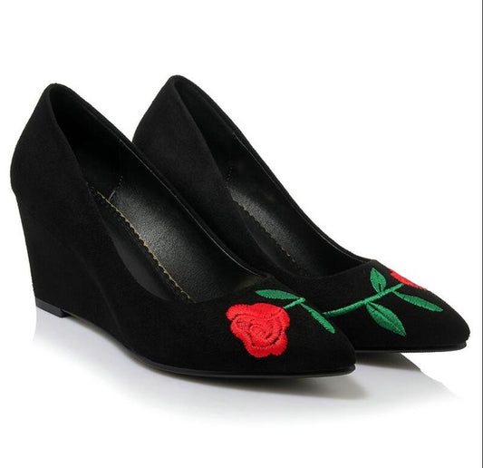 Dousin Partin Women Pumps Wedge High Heel Embroider National Style Pointed Toe Platform Summer Flock - LiveTrendsX