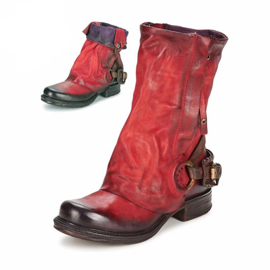 Original Retro Style Real Leather Pleated Belt Buckle Mid-Calf Boot Comfort Neutral Large Size Women Knight Boots - LiveTrendsX