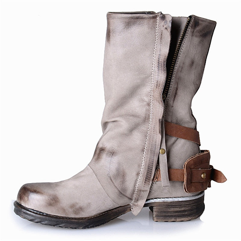 Original Retro Style Real Leather Pleated Belt Buckle Mid-Calf Boot Comfort Neutral Large Size Women Knight Boots - LiveTrendsX
